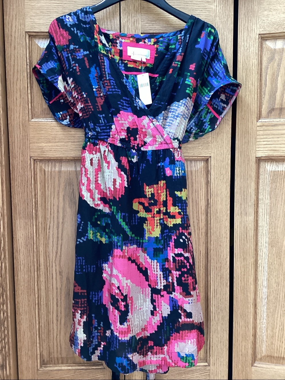 Anthropologie Astrid Needlepoint black floral V-neck mini dress with tie belt - Picture 3 of 14
